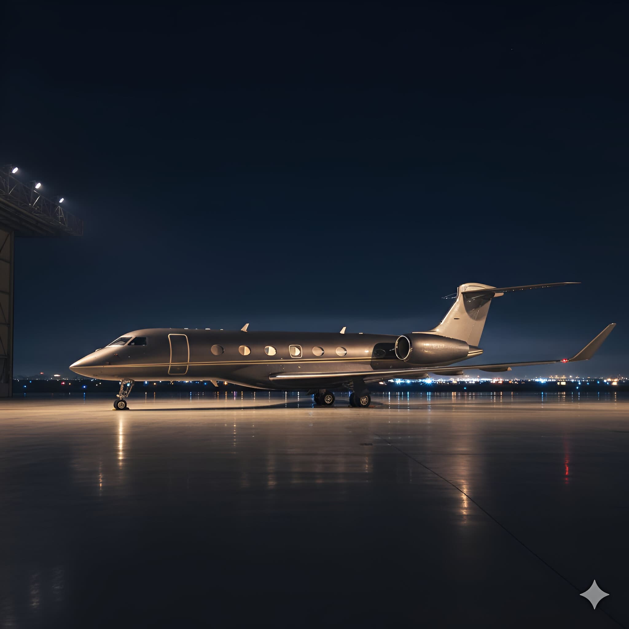 Private jet on a calm runway at dusk