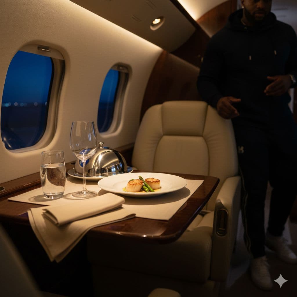 Intimate dinner setup inside a private jet cabin
