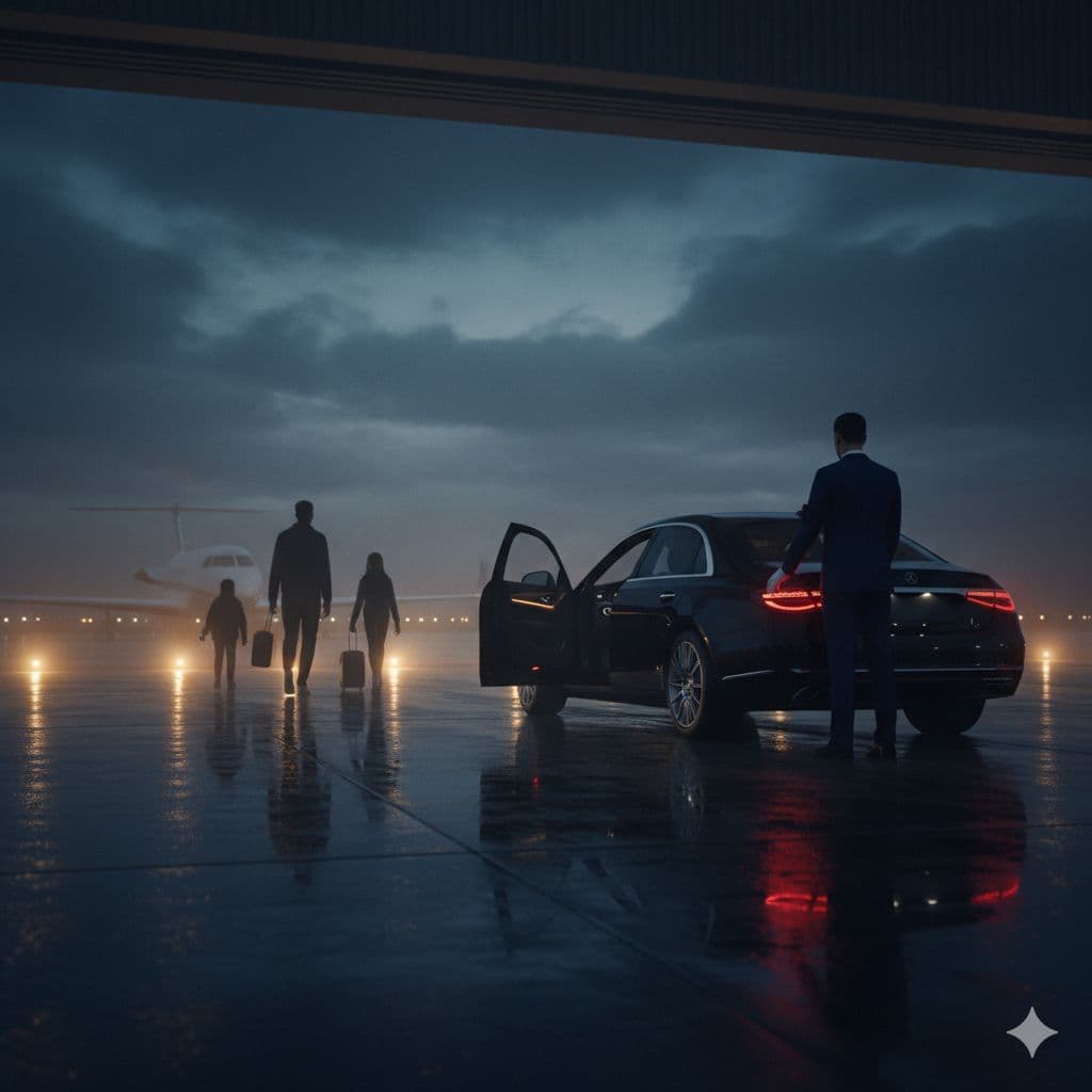 Chauffeur opening the door of a luxury sedan at the airport