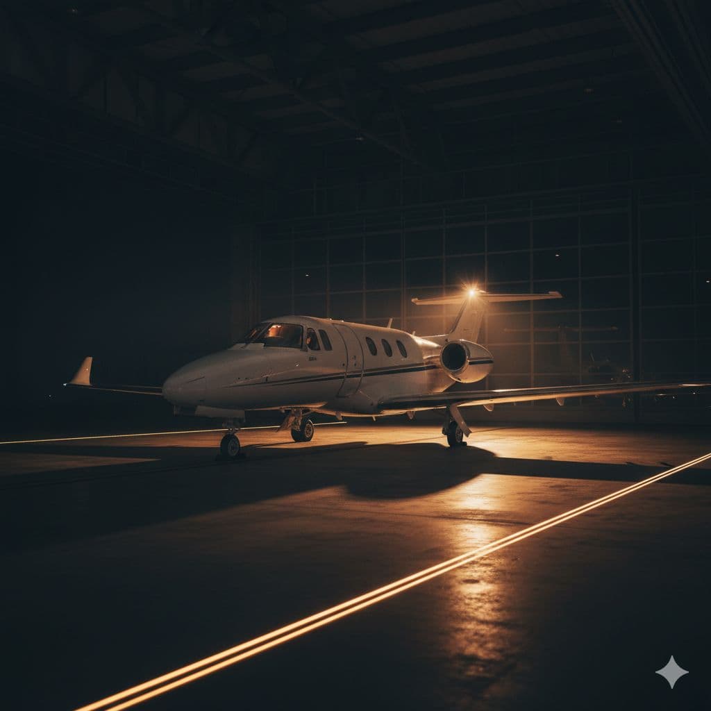 Short-range private jet waiting on a runway at sunset